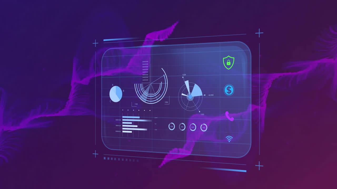 Animation of financial data processing over purple shapes on black background