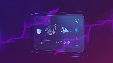 animation of financial data processing over purple shapes on black background