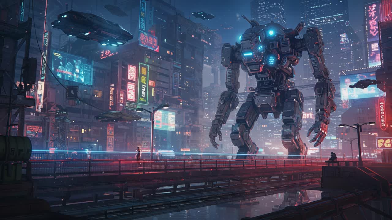 Un imponente gigante meccanico si erge in un vivace paesaggio urbano illuminato al neon, circondato da hovercraft futuristici e pubblicità luminose, evocando un senso di meraviglia e avventura