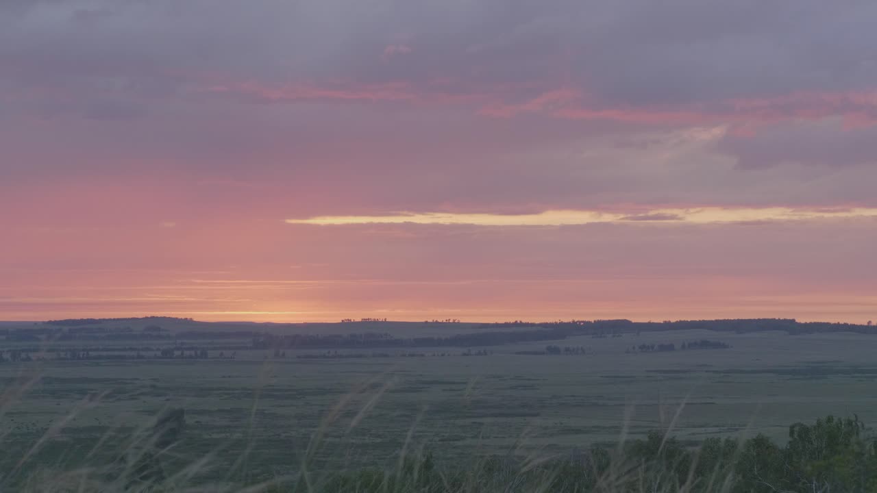 잔디 위에서 해가 뜨거나 해가 지는 것