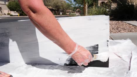 a senior woman paints a cabinet on her driveway