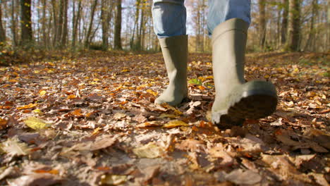 Mit-Hohen-Stiefeln-Auf-Getrockneten-Blättern-Mitten-Im-Wald-Spazieren-Gehen,-Dabei-Jeans-Tragen,-Kamerafahrt-Aus-Der-Tiefwinkelperspektive