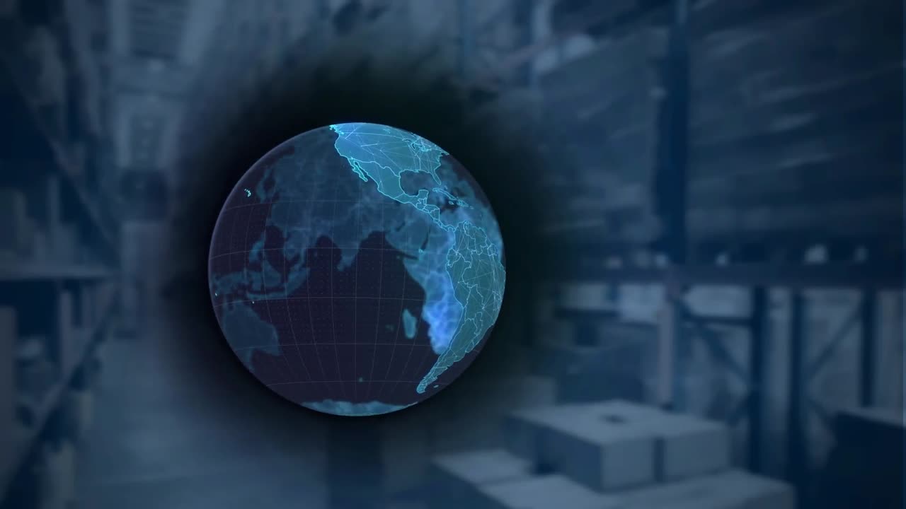 배경에 창고에 대해 회전하는 지구의 디지털 구성