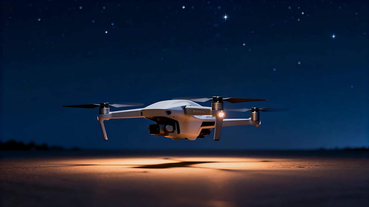 Drone in volo stazionario, luci di atterraggio che si accendono, che ruota sopra il terreno caldo di notte, telecamera gimbal, eliche
