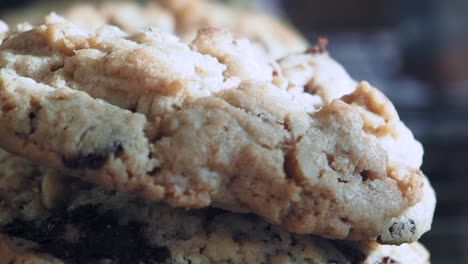 close-up of a stack of chocolate chip oatmeal cookies