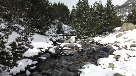 Flug-Vorwärts-über-Den-Fluss-Zur-Brücke-In-Den-Bergen-Von-La-Cerdanya