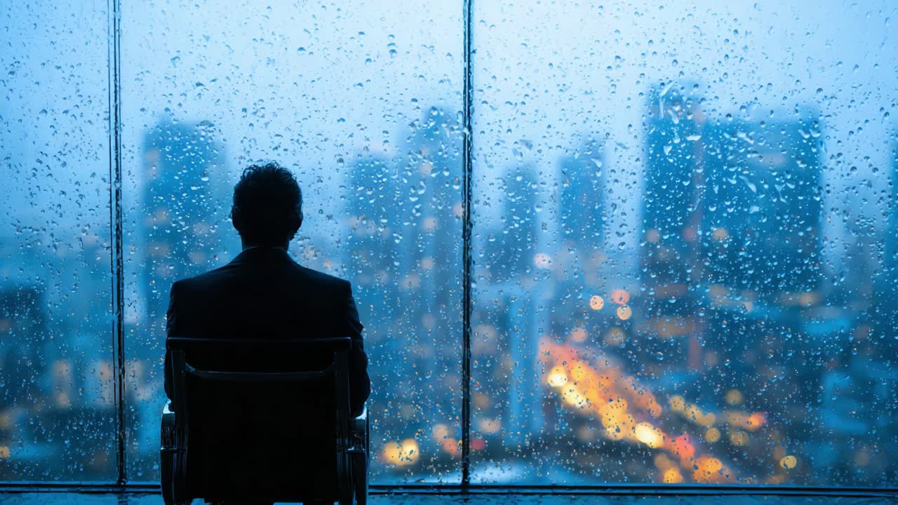 Contemplating Life Through Rainy Windows: A Man's Reflection Over a Cityscape While Seated in a Rain-Drenched Office During a Stormy Evening
