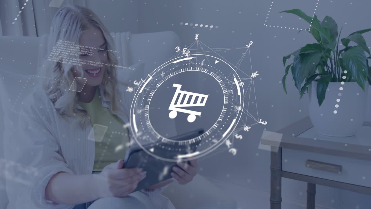 노트북을 사용하는 백인 여성에 대한 쇼핑 트롤리 아이콘과 데이터 처리의 애니메이션