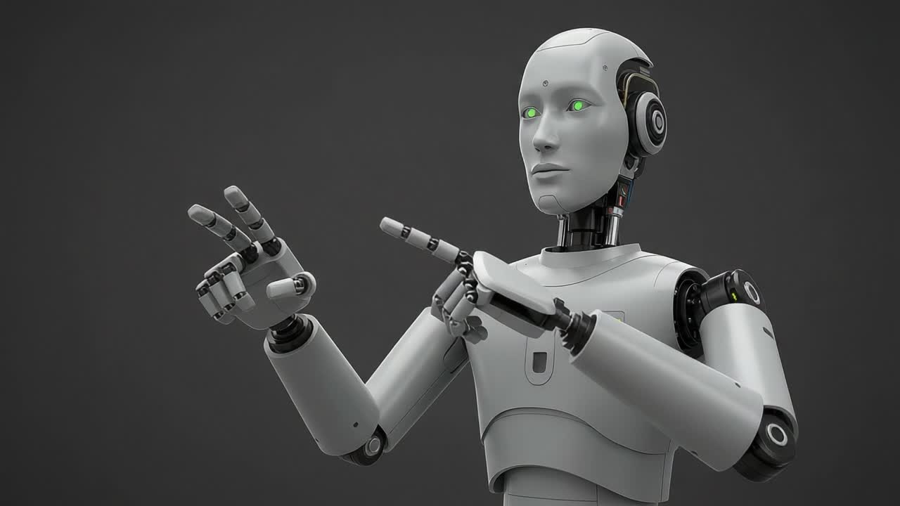 Sophisticated humanoid robot showcases its advanced functionality with expressive gestures, highlighting the intersection of technology and human-like interaction