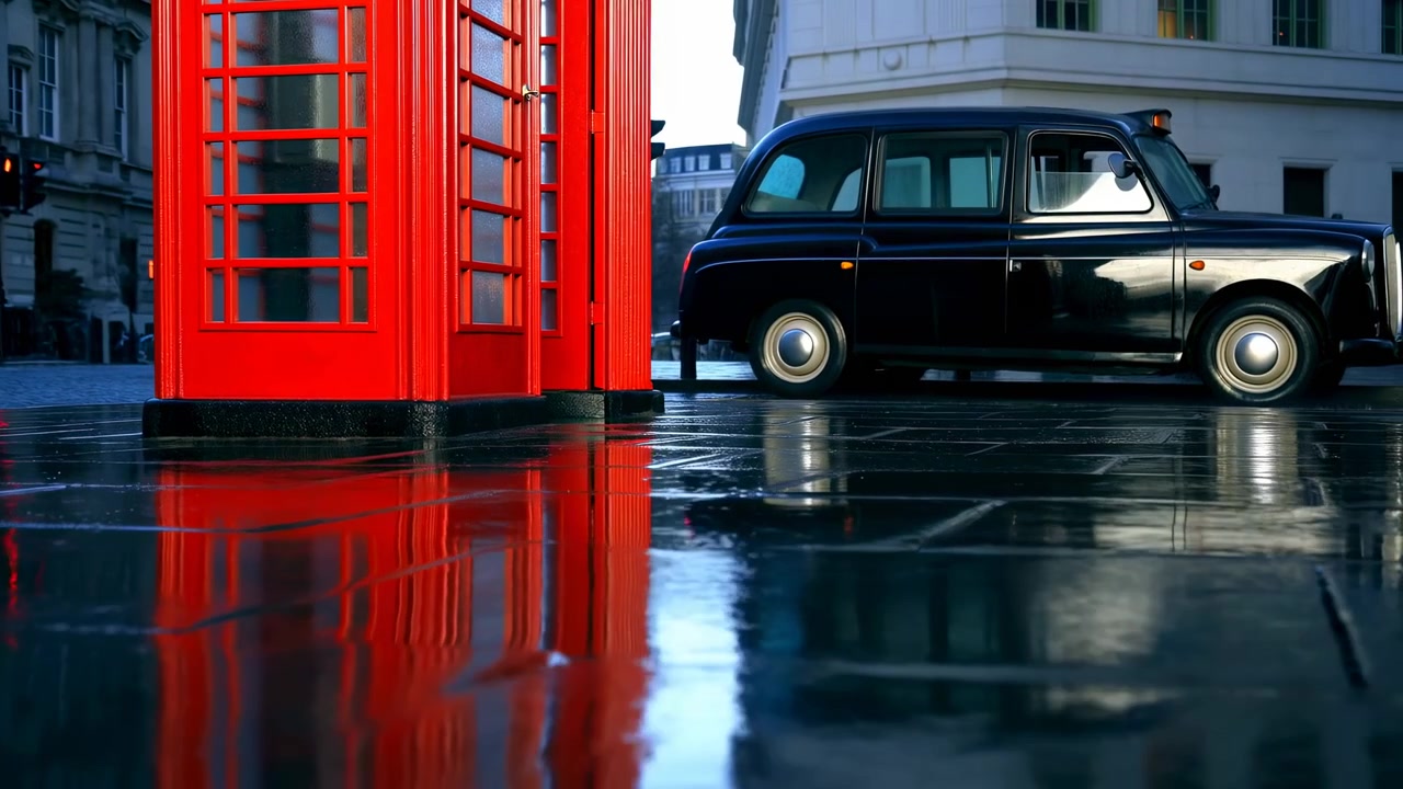 Rote Telefonzelle und schwarzes Taxi, reflektiert auf nassem Pflaster, stimmungsvoller Abend in London, glänzende Pfützen spiegeln.