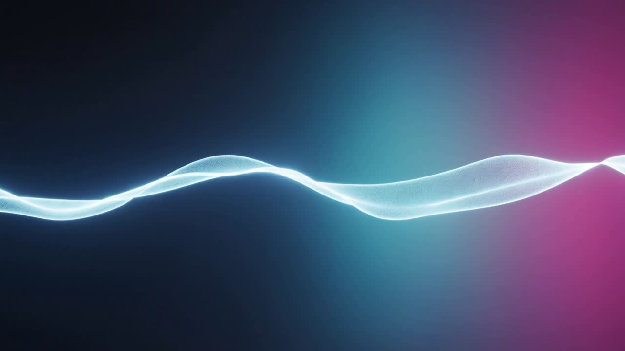 On start, ribbon oscillating, splitting, merging and widening in studio with cyan and magenta glows