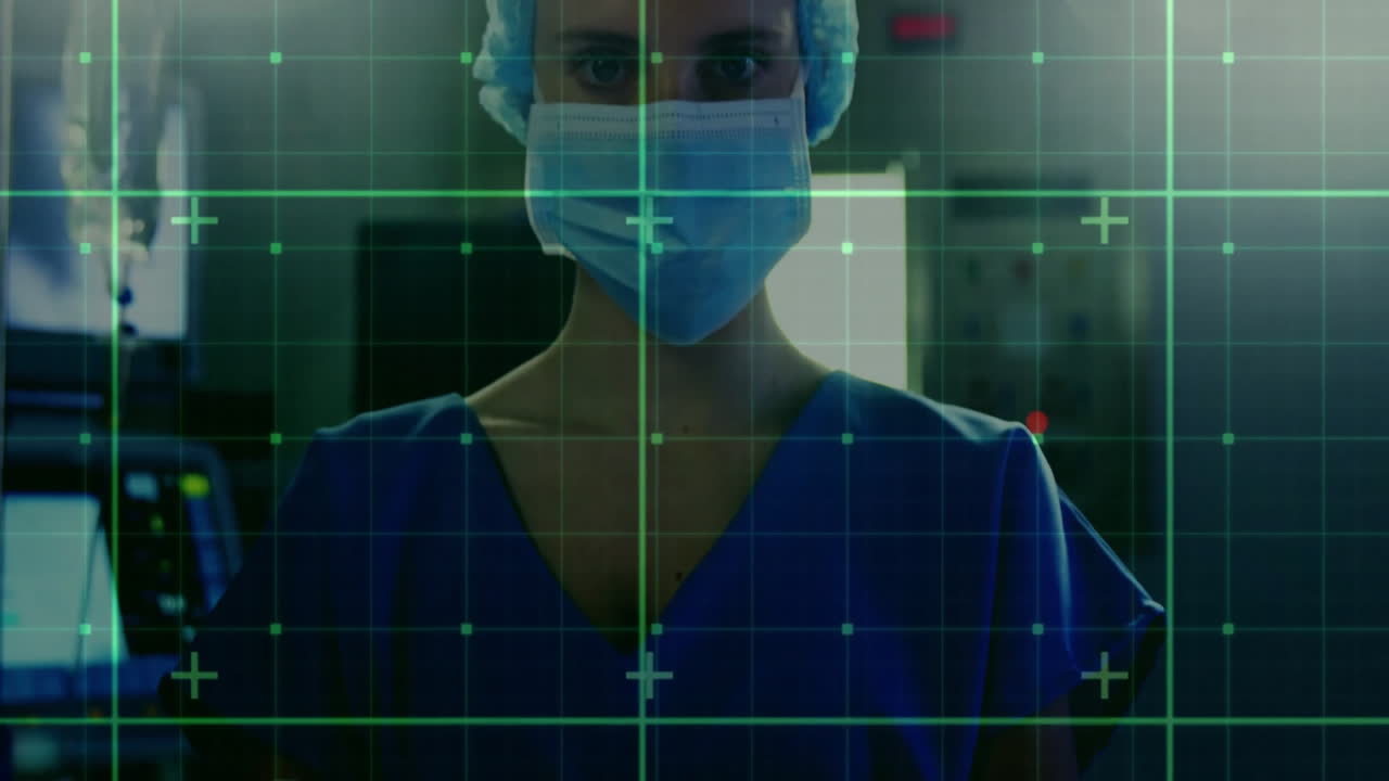 Wearing surgical mask in hospital, medical professional with digital grid animation
