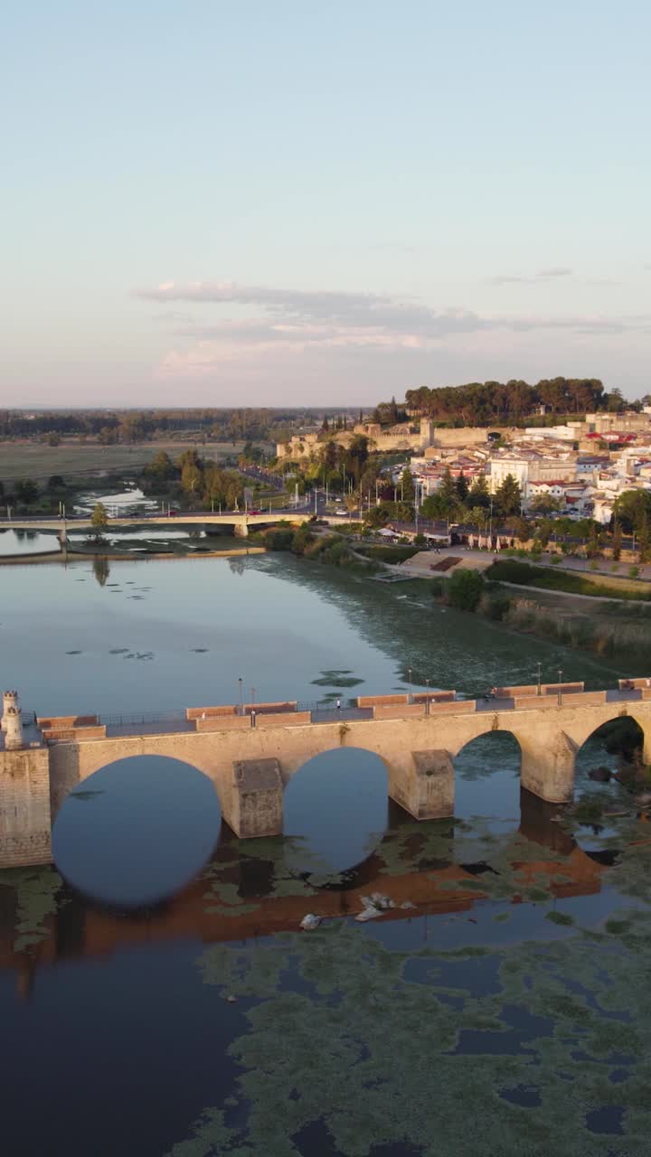 Vista aerea verticale di un antico ponte moresco a Badajoz, in Spagna, che collega due città gemelle attraverso il fiume