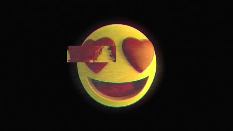 Digital-animation-of-glitch-effect-over-heart-eyes-face-emoji-against-black-background