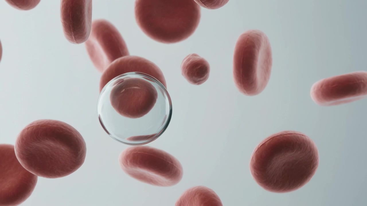 Drifting vesicle in plasma, moving toward center as red cells flow, small particle entering vesicle