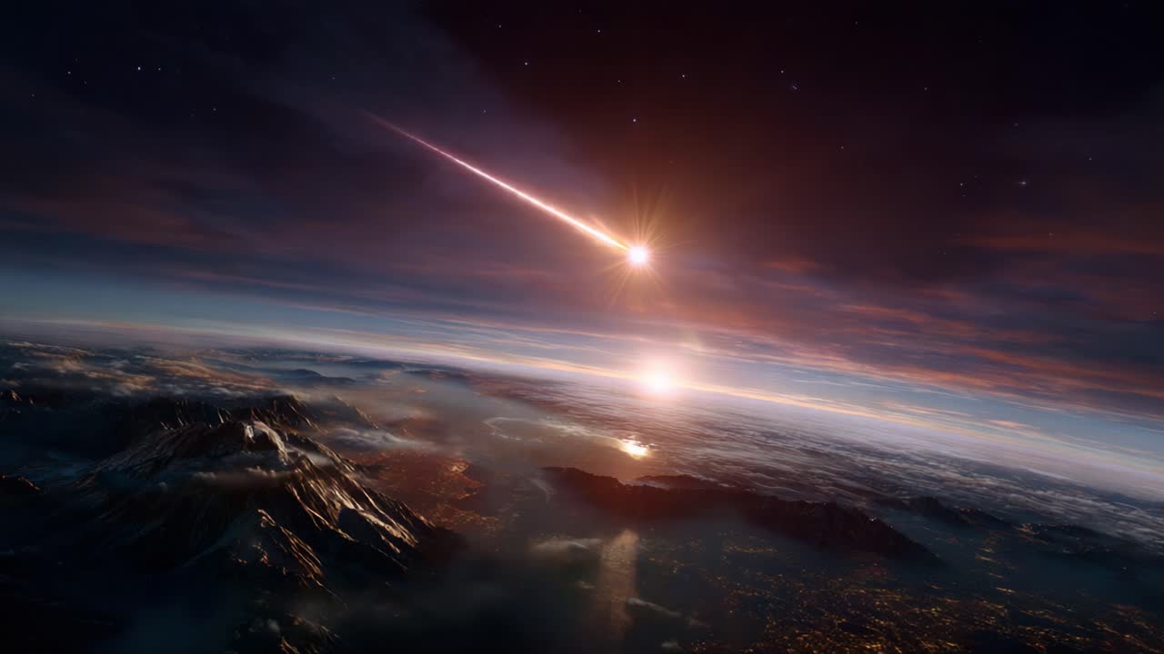 En betagende udsigt over to meteorer, der suser hen over en levende tusmørke himmel over majestætiske bjerge og et glimtende hav, der fanger en dynamisk kosmisk begivenhed
