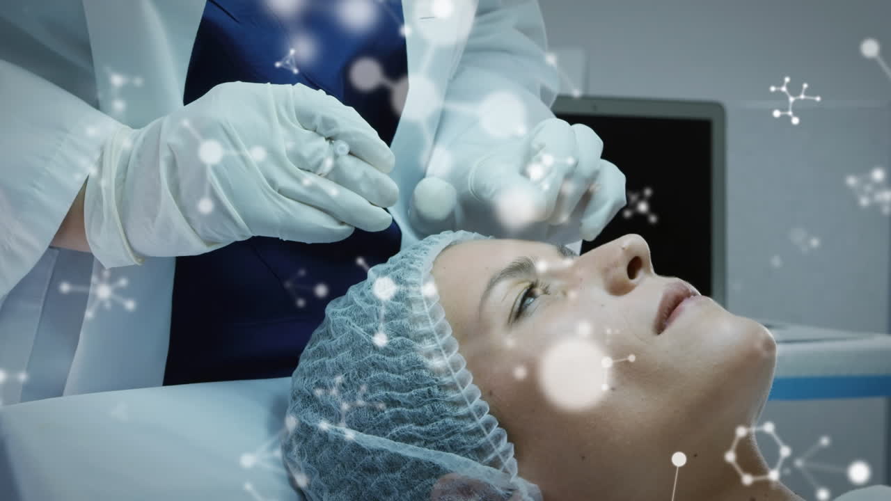 보스를 받는 백인 여성의 머리 위에 있는 분자의 애니메이션