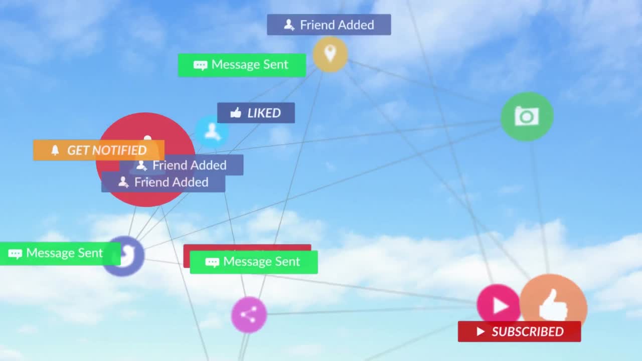 하늘 위에 디지털 아이콘이 있는 배너에 있는 소셜 미디어 텍스트의 애니메이션