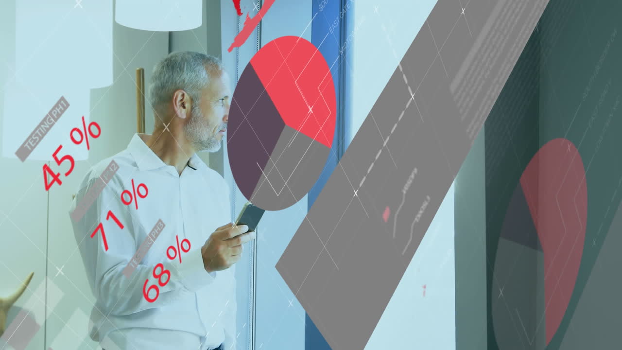 Animation af statistisk databehandling over en ældre kaukasisk mand, der bruger en smartphone på kontoret.