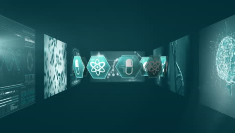 animación de iconos y procesamiento de datos sobre fondo negro