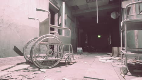 abandoned hospital corridor with a wheelchair