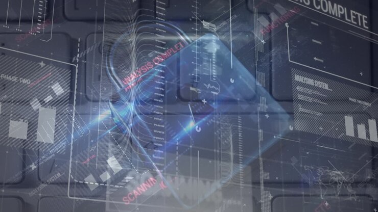 Animation of warning data processing, online security padlock and circuit board