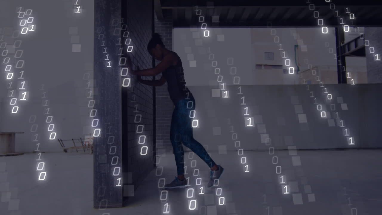 Exercising against wall, person with binary code animation overlay