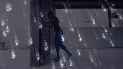 Exercising against wall, person with binary code animation overlay