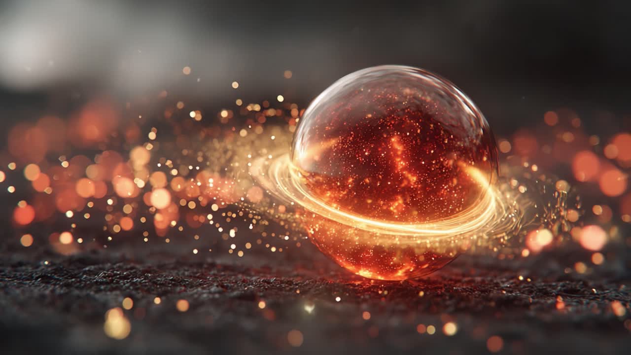 Accattivante sfera cosmica: uno sguardo ipnotizzante a un globo infuocato circondato da polvere di stelle scintillante e anelli radiosi, che evoca le meraviglie dell'universo.