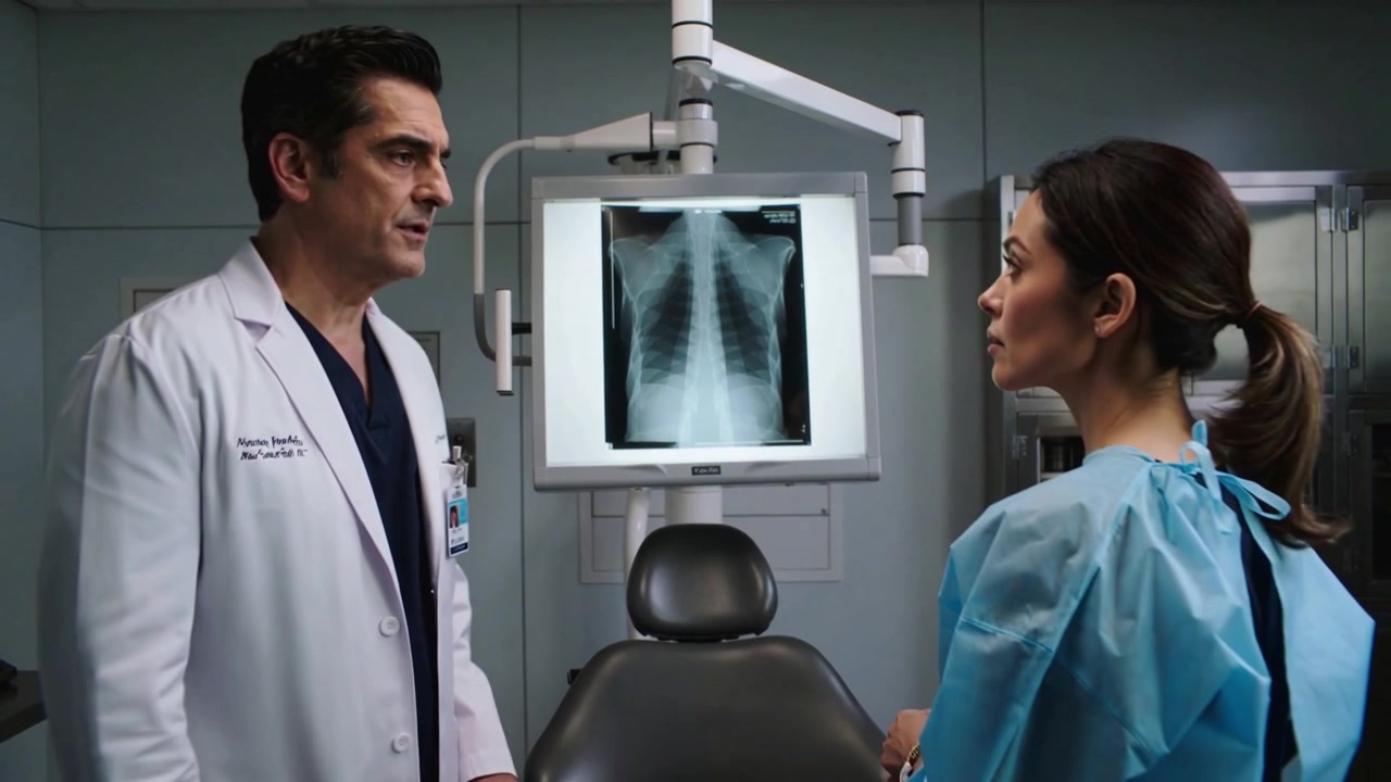 Reaching labcoat doctor pointing at chest X-ray on lightbox in clinic, nurse in gown reviewing case