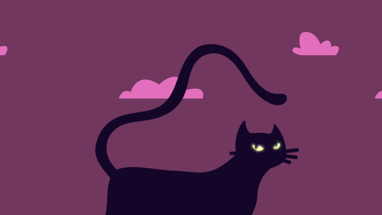 animação feliz de halloween com desenho animado de gato preto
