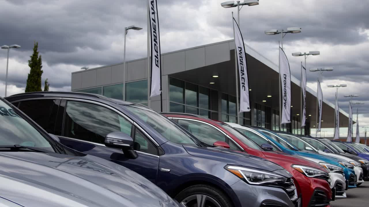 Wide-angle shot of a car dealership lot with colorful vehicles lined up, under a cloudy sky