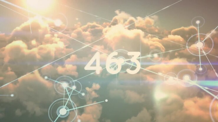 Animazione di numeri variabili su punti collegati con sole e nuvole dense sullo sfondo
