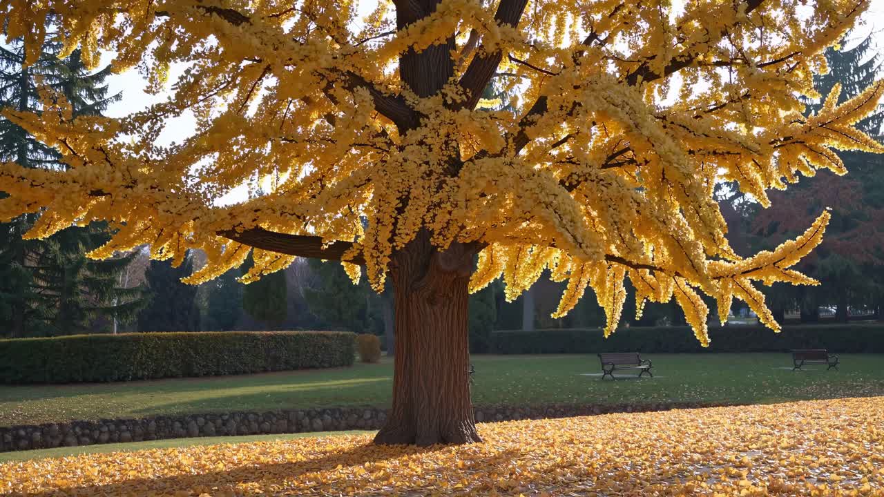 A serene autumn scene with golden leaves on a tree, captured at eye level
