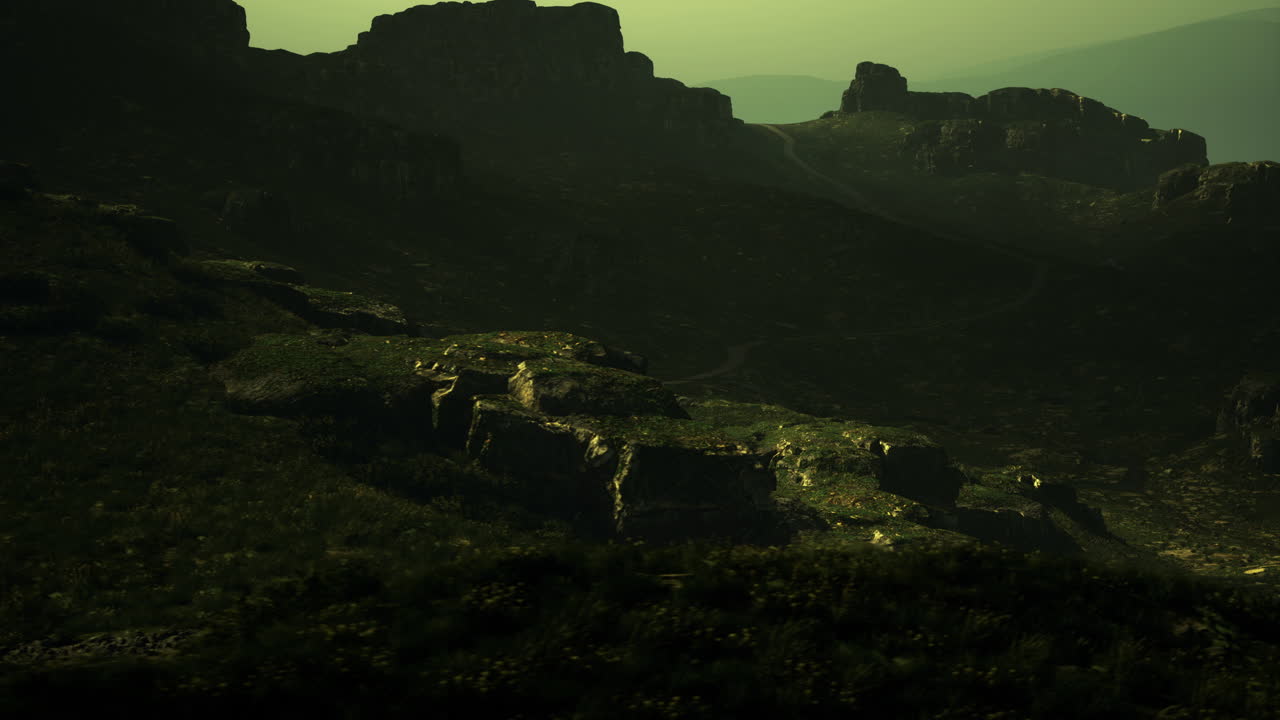 Mountain landscape at dusk with serene lighting and rugged terrain