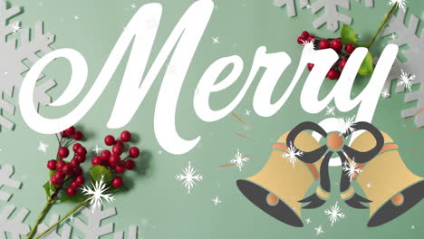 animation of merry christmas text over green background