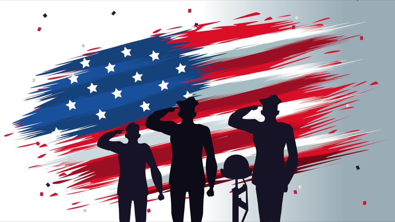 happy veterans day animation with soldiers silhouettes and usa flag