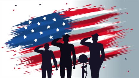 happy veterans day animation with soldiers silhouettes and usa flag