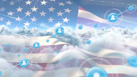 Animation-of-network-of-connections-with-icons-over-flag-of-usa-and-clouds-on-sky