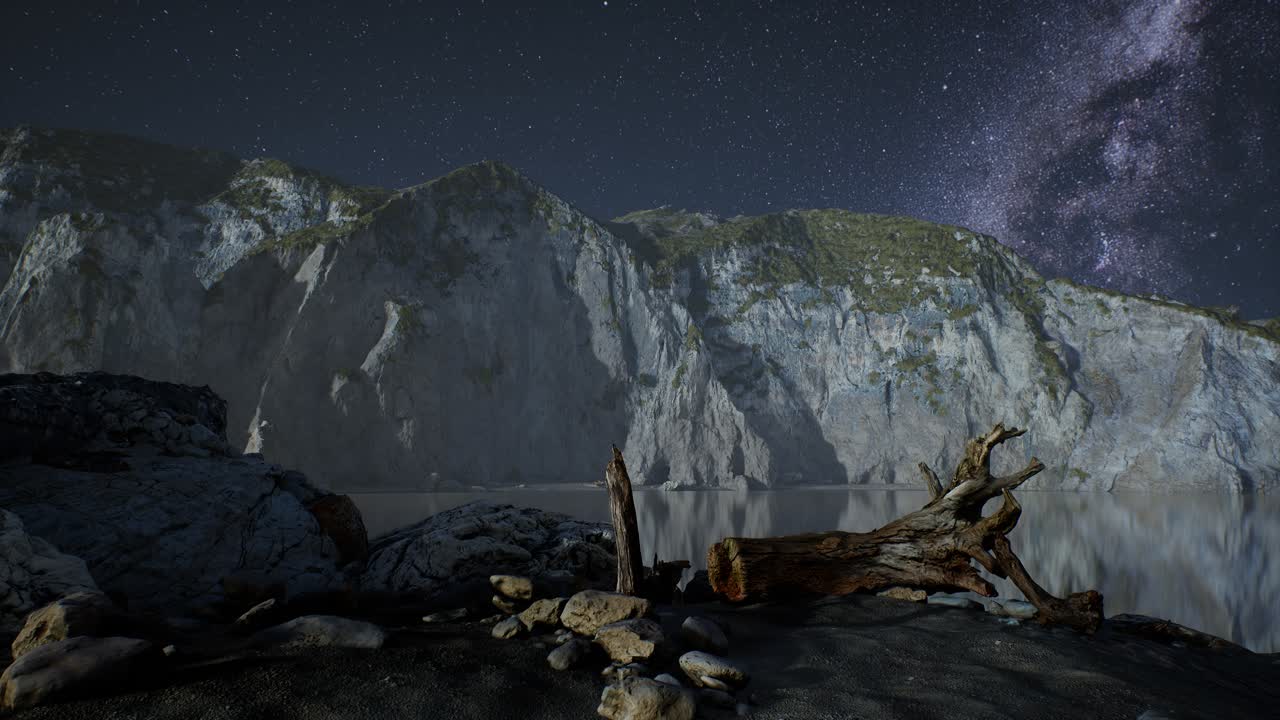 노르웨이 로포텐의 산과 바다 해변과 함께 밤의 별이 빛나는 하늘의 하이퍼 ⁇ 스