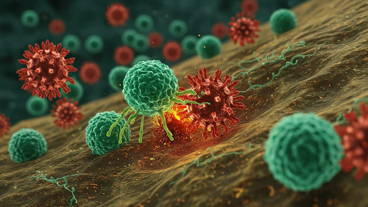 Dynamic Interaction Between Immune Cells and Pathogens Depicted in Stunning Detail, Showcasing the Battle Against Disease on a Microscopic Level