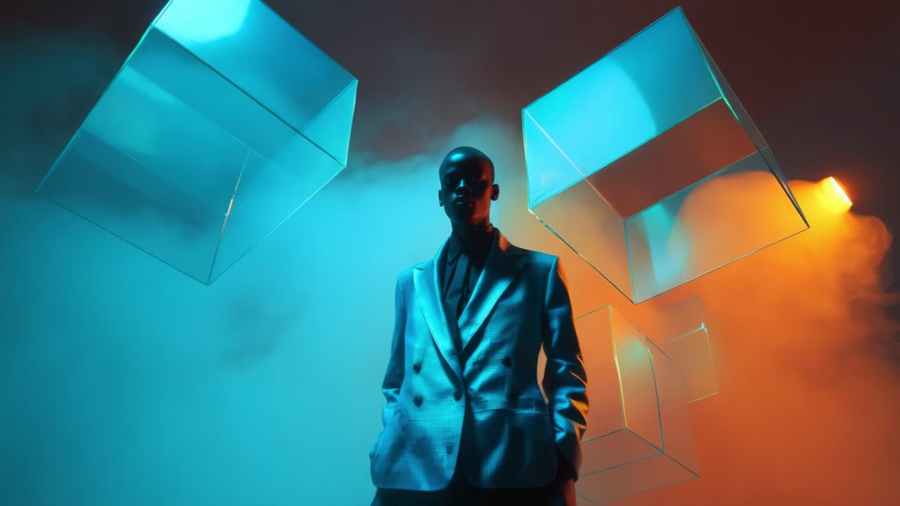 A Dramatic Fashion Portrait Revealing a Stylish Figure in a Tailored Suit Surrounded by Ambient Cubes and Ethereal Fog, Capturing a Unique Blend of Modern Aesthetics and Artistic Illumination