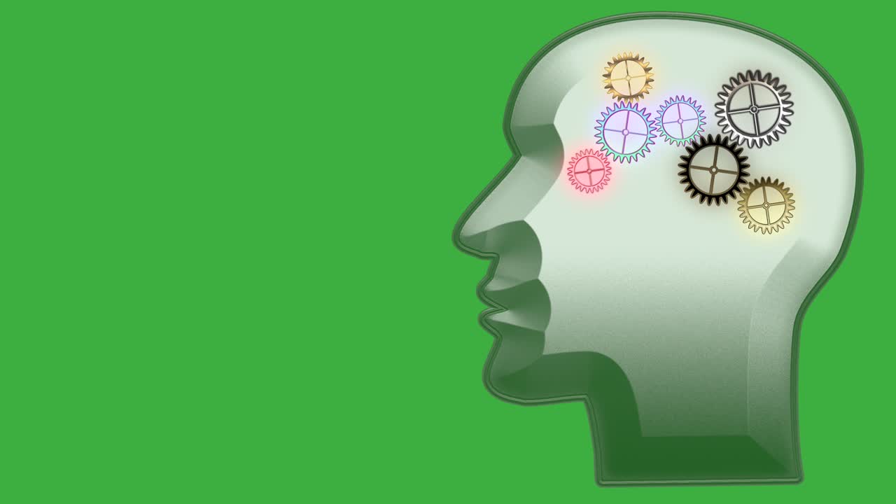 Abstract animation of male head with spinning colorful cogwheels in brain of human with green screen in background