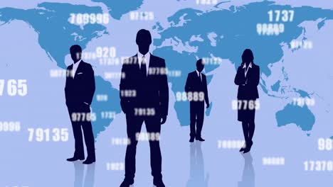 Animation-of-numbers-and-businesspeople-silhouettes-over-world-map-on-blue-background