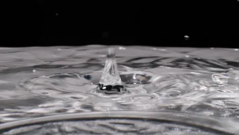 several water droplets splash and bounce in slow motion on crystal clear liquid