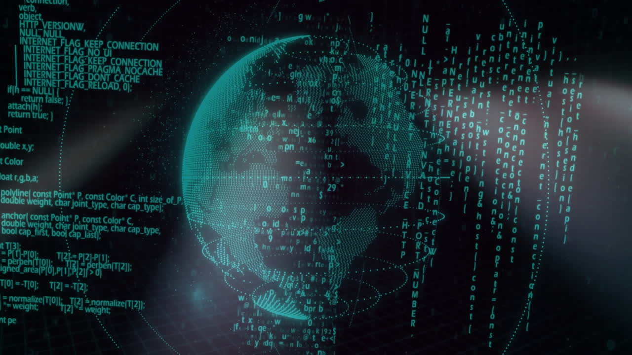 Forming human head shape, digital code processing data over matrix background
