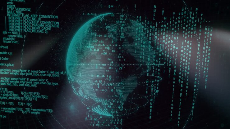 Forming human head shape, digital code processing data over matrix background