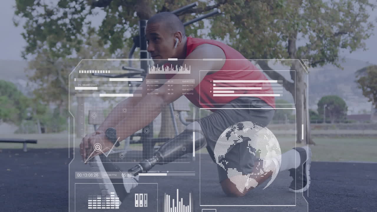 Animation of data processing over biracial man with artificial leg exercising