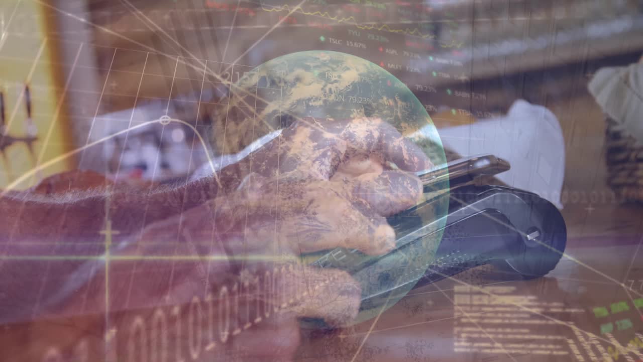 анимация обработки финансовых данных над людьми, использующими смартфоны и платежные терминалы