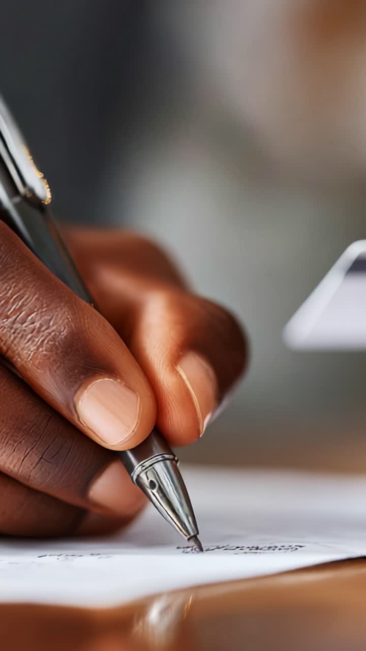 Capturing the Art of Writing: A Close-Up View of a Hand Holding a Pen, Creating Meaningful Words on a Piece of Paper with Precision and Care